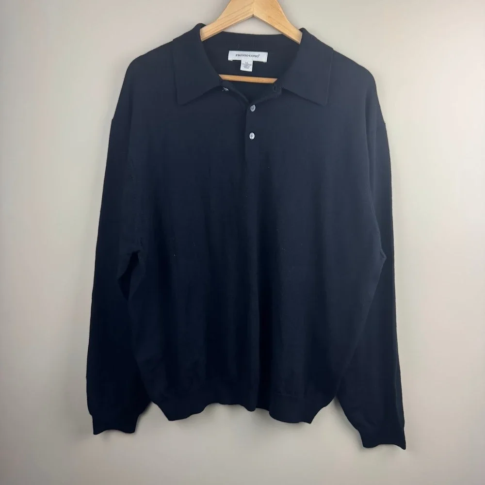 Pronto Uomo Mens Black 100% Merino Wool Long Sleeve Polo Sweater XL